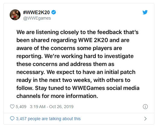 称其正在调查围绕《WWE 2K20》
